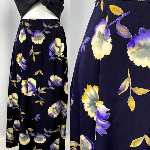 Vintage 90s moody soft grunge whimsigoth indigo watercolour floral maxi skirt - Picture 1 of 6
